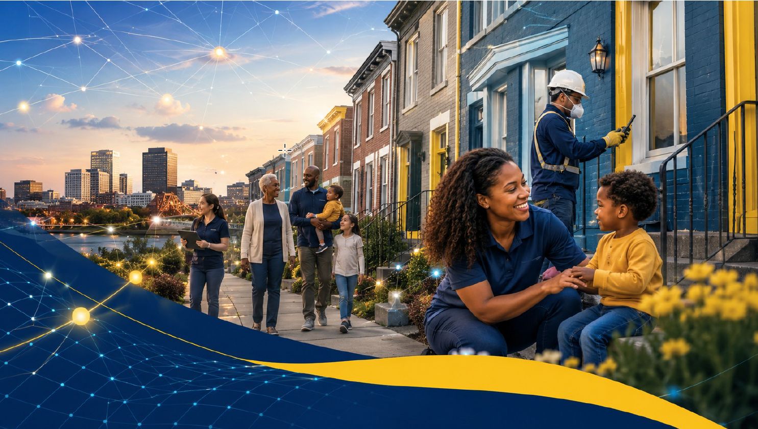 Neighbors of all ages on a street of Wilmington rowhomes, with a home inspector at work